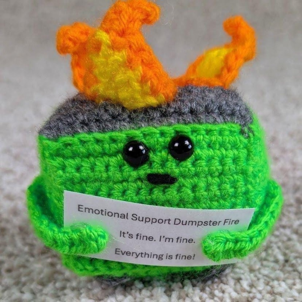 Emotional Support Dumpster Fire Lime Crochet‎ Plushie Funny Desk Decor Gift